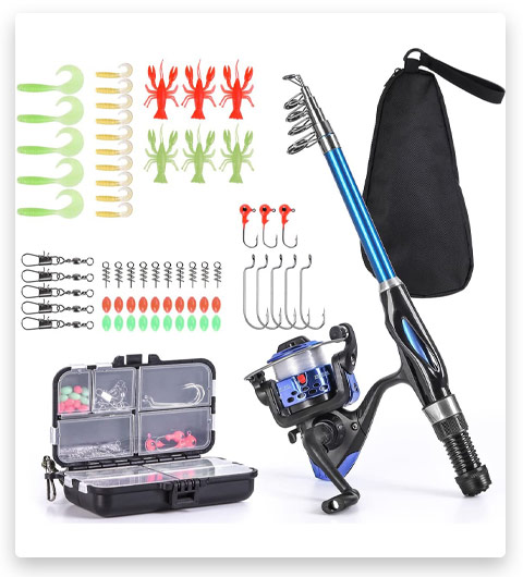 Girls Starter 86 pcs with Tackle Box and Travel Bag Youth Telescopic Fishing Rod and Spincast Reel Combos Full Set for Boys Kilitn Kids Fishing Pole Kit 